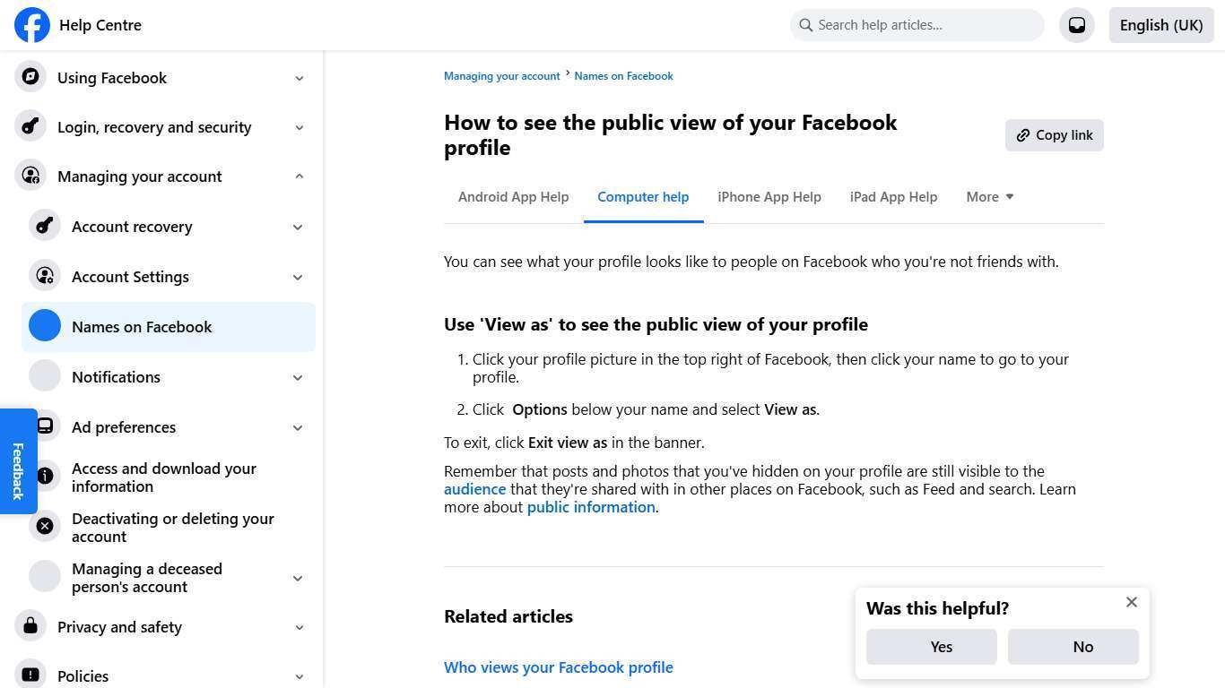 How to see the public view of your Facebook profile | Facebook Help Centre
