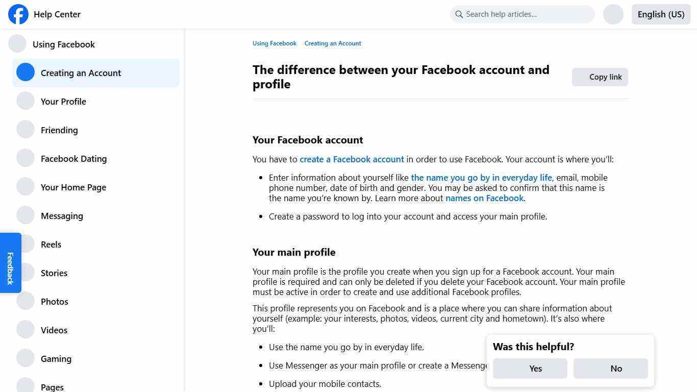 The difference between your Facebook account and profile | Facebook Help Center